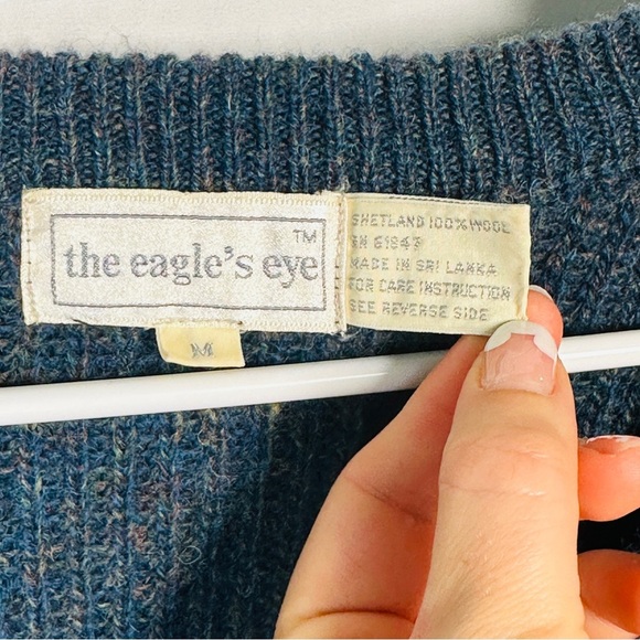 The Eagle’s Eye Shetland Wool V-Neck Sweater Rib Knit Vintage Academia Blue Med - Picture 5 of 8